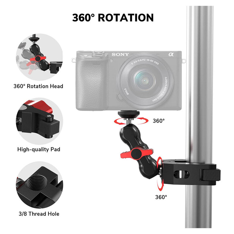 DSLR 카메라 필드 모니터 LED 용 360 ° 볼 헤드 암이 있는 카메라 마운트 클램프, 카메라 마운트 클램프