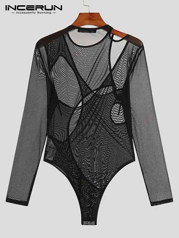 INCERUN Party Nightclub stile uomo manica lunga triangolo pagliaccetti maglia trasparente Patchwork Sexy body comodi S-5XL 2022