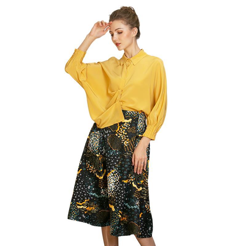 100% ผ้าไหมสุภาพสตรีเสื้อยืดหม่อนผ้าไหมยาวแขนยาว Vintage สีเหลืองเสื้อผู้หญิง Casual All-Match Elegant Tops