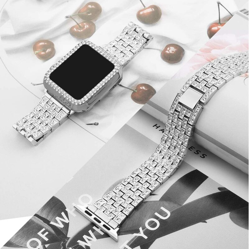 Pulseira de aço inoxidável com proteção de diamante, capinha para apple watch band 40mm 44mm 38mm 42mm, iwatch series 6 se 5 4 3 2 1, bracelete feminino