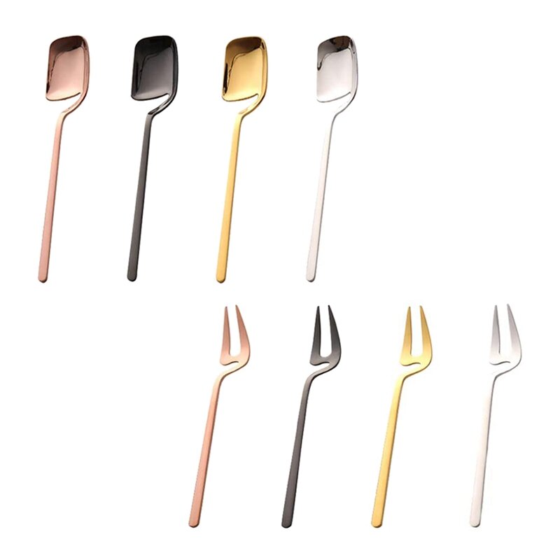 8 Pcs Stainless Steel Spoon Fork Retro Coffee Sugar Dessert Cake Ice Cream Spoons Mixing Spoon Fork Set,Colorful