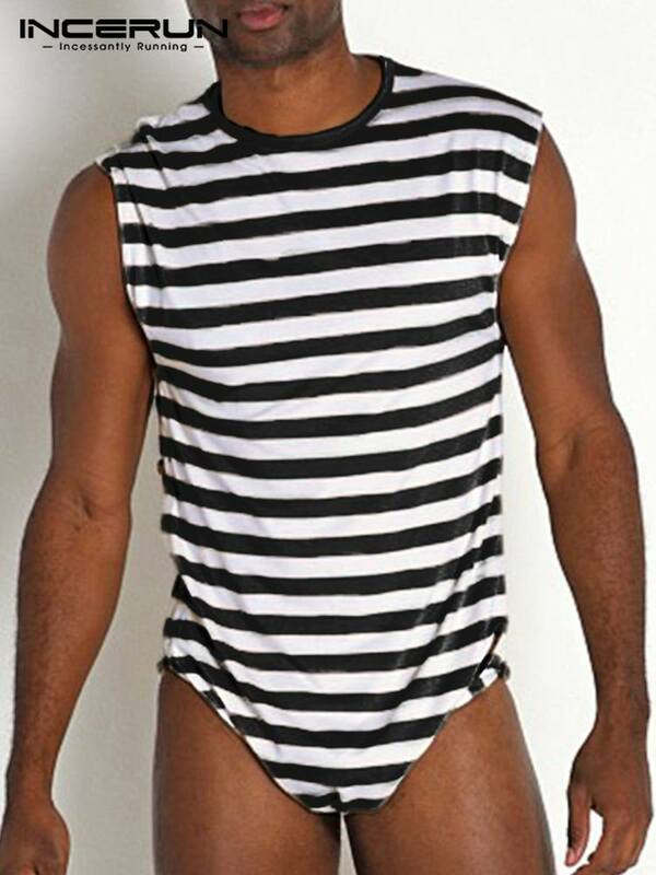 INCERUN 2022 wygodne Loungewear moda męska Stripe body Casual dobrze dopasowane męskie Sexy trójkąt bez rękawów Onesies S-5XL