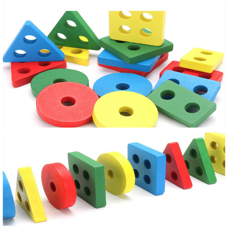 Baby Educational Wooden Colorful Geometric Sorting Board Montessori 3D Building Column Jigsaw Puzzle Toys  For Children