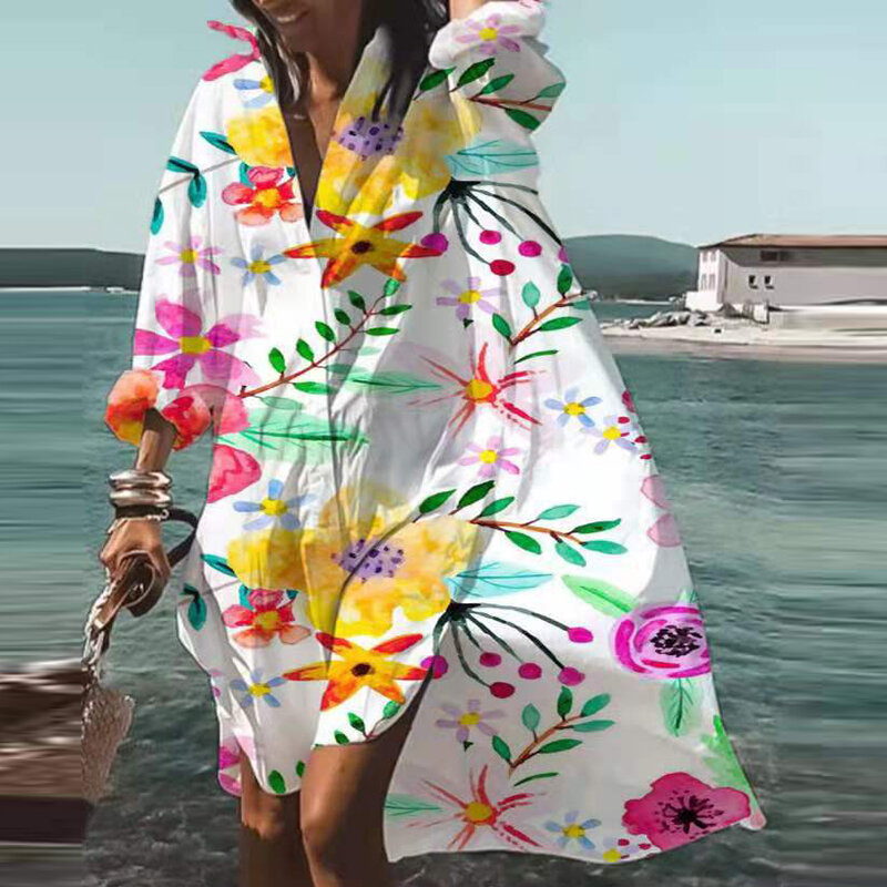 Lente Zomer Herfst Vrouwen Turn-Down Kraag Lange Mouw Button Shirt Casual Elegante Bloemenprint Jurk Beach Party jurken