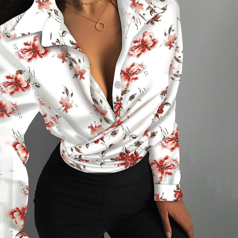 Camicia a maniche lunghe con stampa drappeggiata Casual camicetta donna primavera moda pulsante camicie a maniche lunghe per donna 2022 top Vintage bianchi
