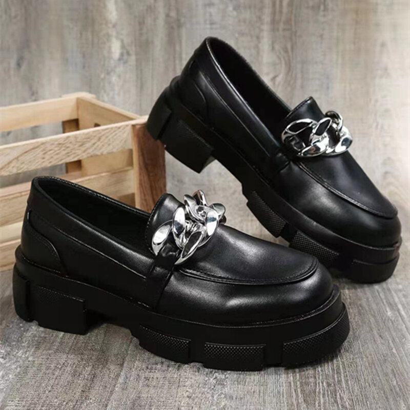 2022 New Women Platform Shoes All Cowhide  White Shoes Metal Chain Decoration Height Increase Shoes  Slip-On  Shoes for Women