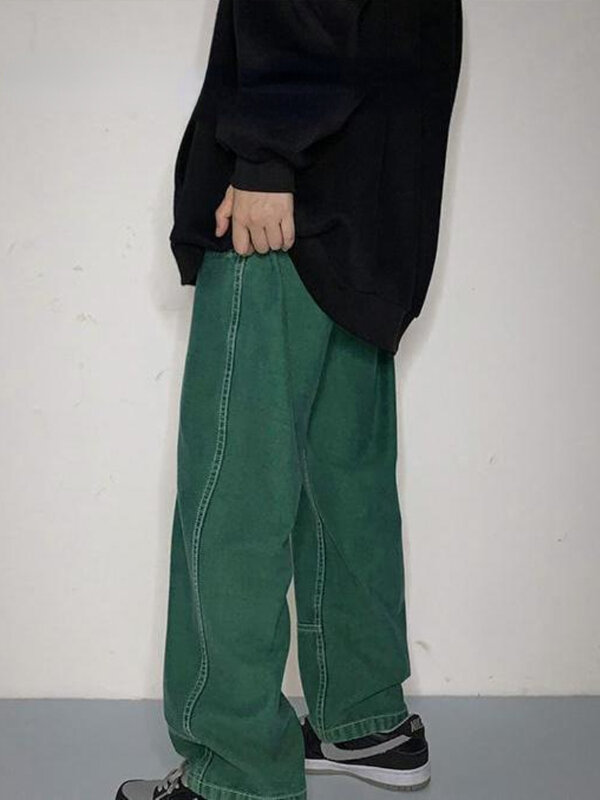QWEEK Vintage Rosa Baggy Jeans Frauen 90s Retro Harajuku Grün Breite Bein Denim Hosen Oversize Chic Hip Hop Streetwear hosen