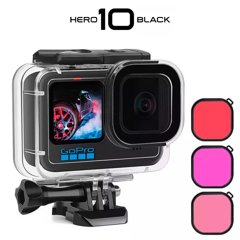 60M Waterproof Case for GoPro Hero 10 Black Protective Diving Underwater Housing Shell Cover Red Purple Color Filter 3 Pack Kit