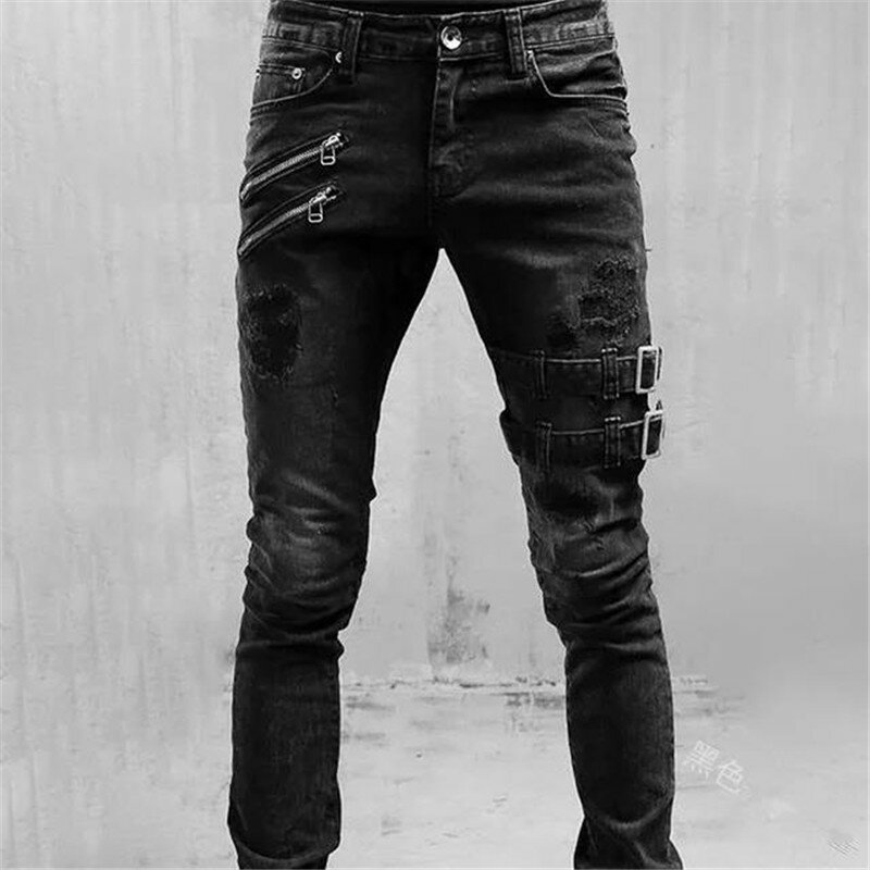Мужские модные стильные облегающие джинсы с надписью, мотоциклетные и байкерские джинсы, черные джинсы с отверстиями для мужчин