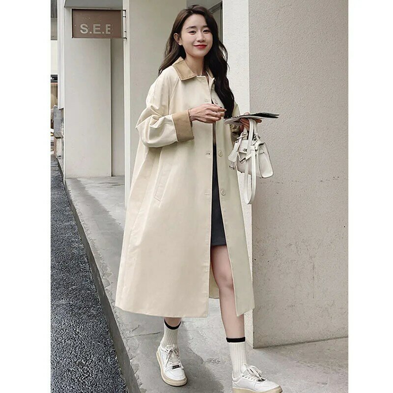 Pink Trench Coat for Women Long Coats Mid-length Popular Over-the-knee Windbreaker Color Contrast Loose Lapel Jackets Clothes