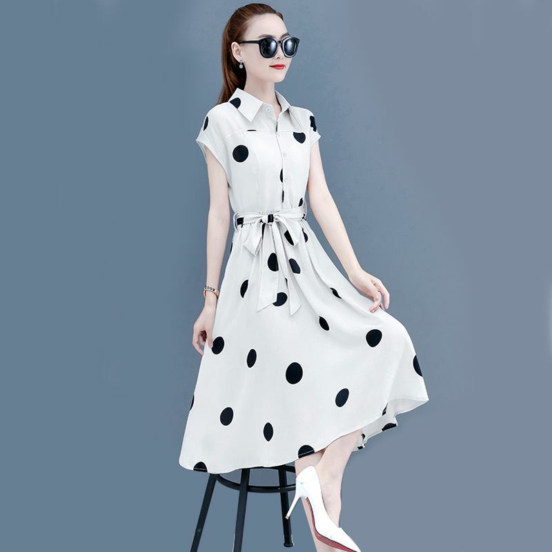 여자의 사무실 파티 드레스 짧은 소매 티셔츠 한국 외국 스타일 쉬폰 폴카 도트 여성 여름 의류 2021 캐주얼 드레스