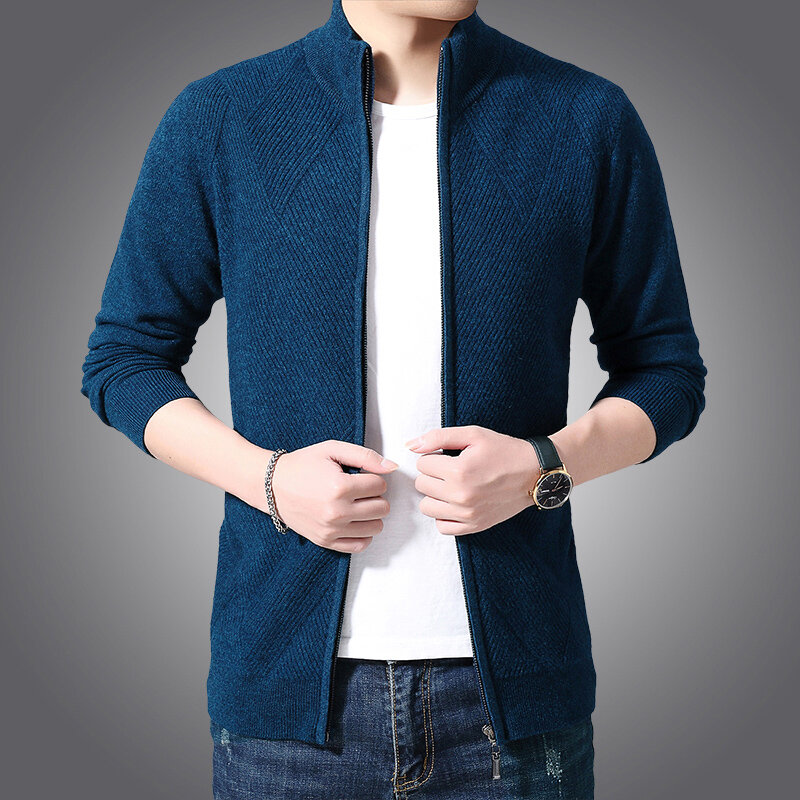Men's cardigan 100% pure wool knitted coat winter young and middle-aged zipper stand collar  sweater
