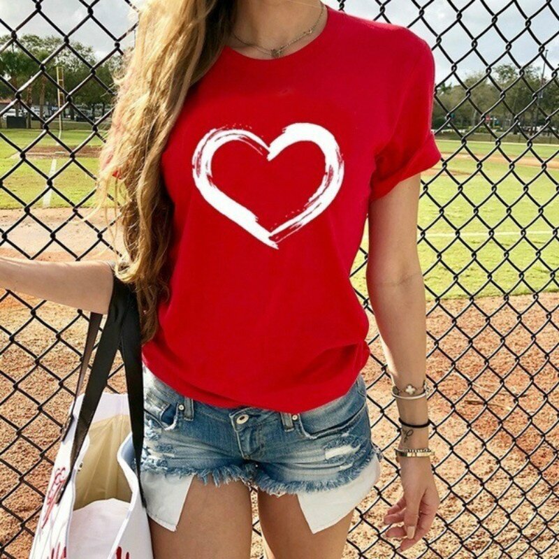 2022 nowych kobiet w kształcie serca druku z krótkim rękawem T-shirt moda wokół szyi T-shirt kobiety graficzne t-shirty damskie ubrania