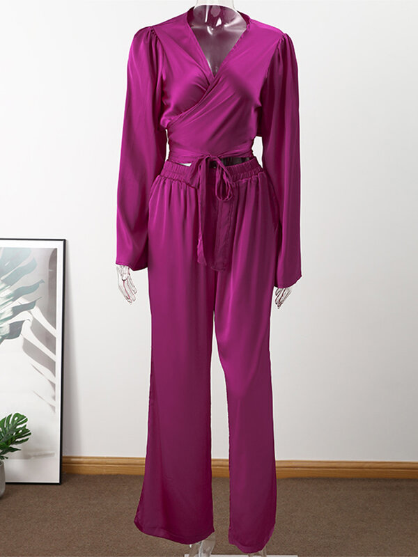 Sólido cetim camisa de duas peças conjunto feminino com decote em v queimado manga longa laço-up superior cintura alta pant feminino define moda casual senhora terno