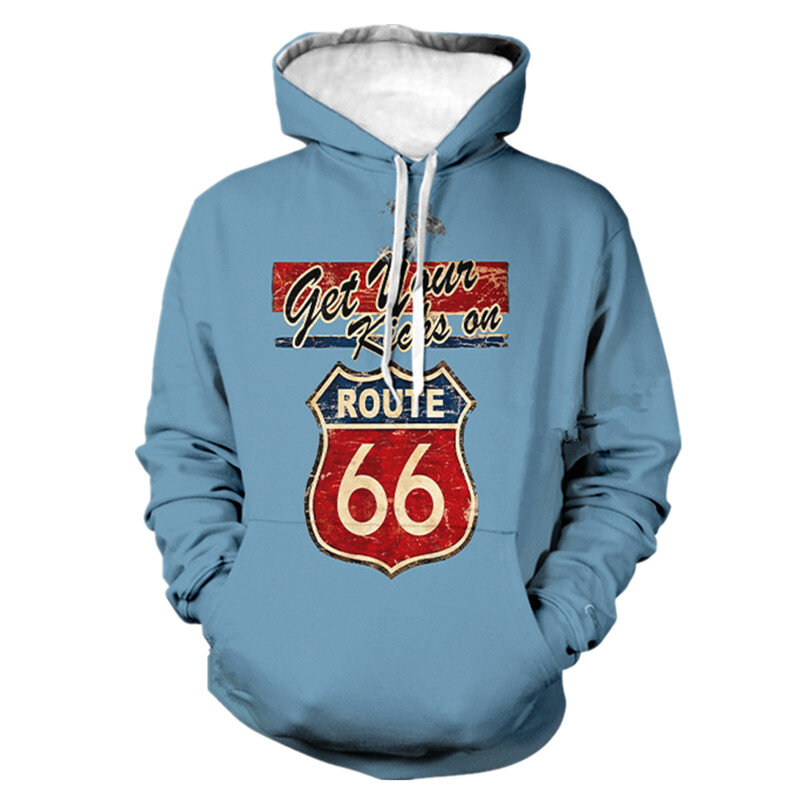 Route 66 Highway Hoodie Cetak 3D Hoodie Kaus Pria Mode Amerika 66 Huruf Bertudung Streetwear Pakaian Pria XXS-6XL