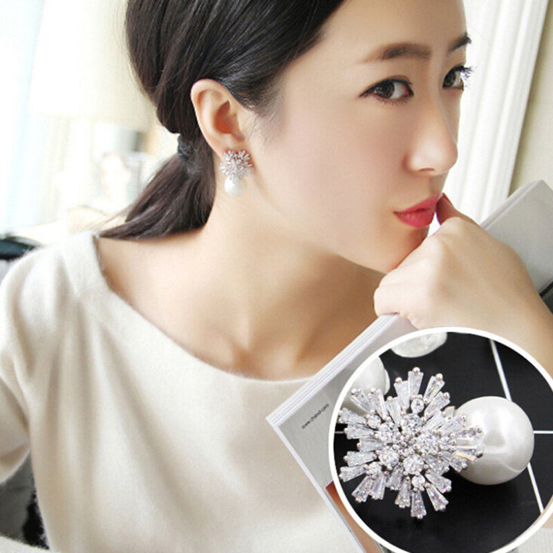 Luxury Square Austrian Cubic Zirconia Stud Earrings for Women Fashion Imitation Pearl Snow Flower Bridal Girl Jewelry CEP075E
