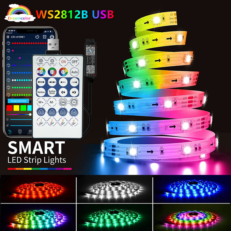 Bande lumineuse Led RGB 5050 RGBIC WS2812B Bluetooth USB DC5V 1M-30M ruban de lampe Flexible TV écran de bureau rétro-éclairage Diode Luces