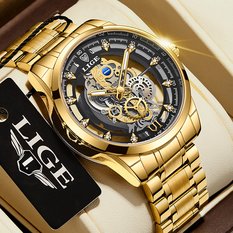 LIGE 2023 جديد الرجال ساعة الهيكل العظمي التلقائي كوارتز ساعة الذهب الهيكل العظمي ريترو رجل ساعة العلامة التجارية الفاخرة الرجال الساعات Reloj Hombre