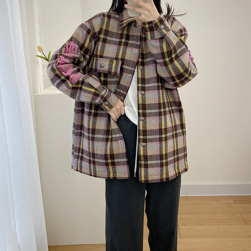 Plaid Jacket Cotton Shirt Coat Woman Crowe Design Sense Niche Loose Korean Version Versatile Long-sleeved Shirt Woman