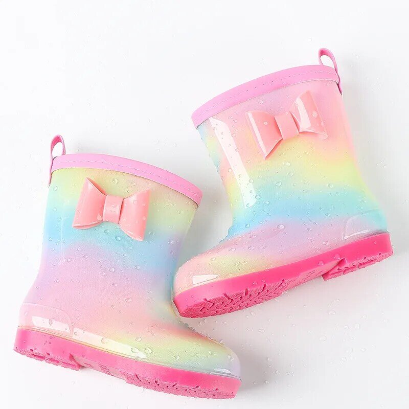 Zapatos de agua de PVC para niños, botas de goma para niños, Botas de lluvia impermeables con dibujos animados de arcoíris, lindas, a la moda
