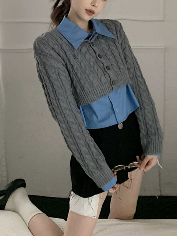 جديد الكورية موضة قصيرة امرأة البلوزات 2022 عادية الصلبة متماسكة سترة طويلة الأكمام المحاصيل بلوزة فضفاضة المرأة القمصان قطعتين مجموعة