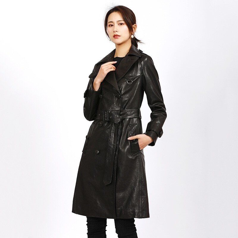 Chaquetas para mujer, abrigo largo de cuero y negro, ideal para la oficina, Primavera