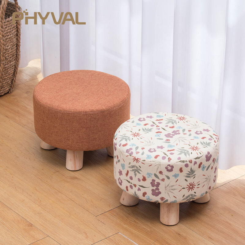 Nowoczesny luksusowy tapicerowany podnóżek Nordic okrągły pufa stołek drewniany wzór nogi obszycie dookoła 4 nogi