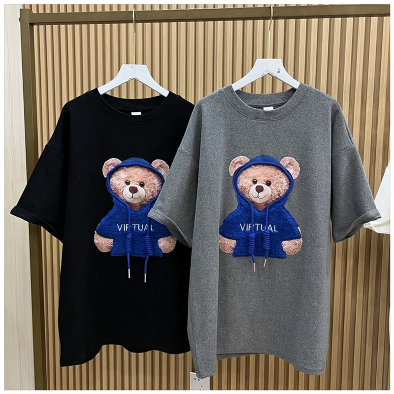 2022 nowa wersja koreańska duży rozmiar z krótkim rękawem T-shirt kobieta niedźwiedź haft szczotkowane grube długa koszula Top kobieta Tshirts