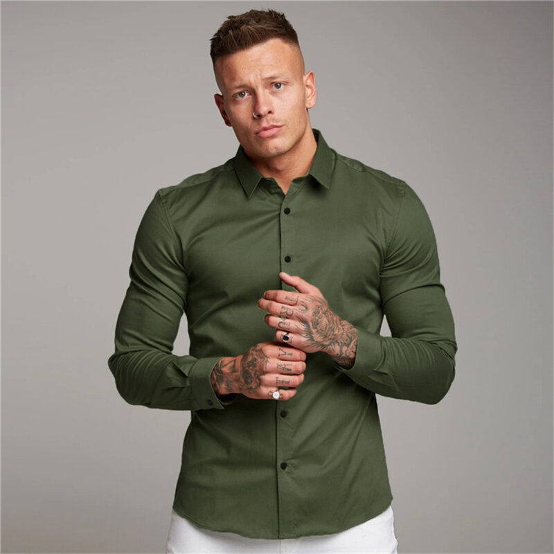 Camicia Casual tinta unita Super Slim Fit a maniche lunghe da uomo primavera autunno inverno camicia da uomo con colletto rovesciato di alta qualità