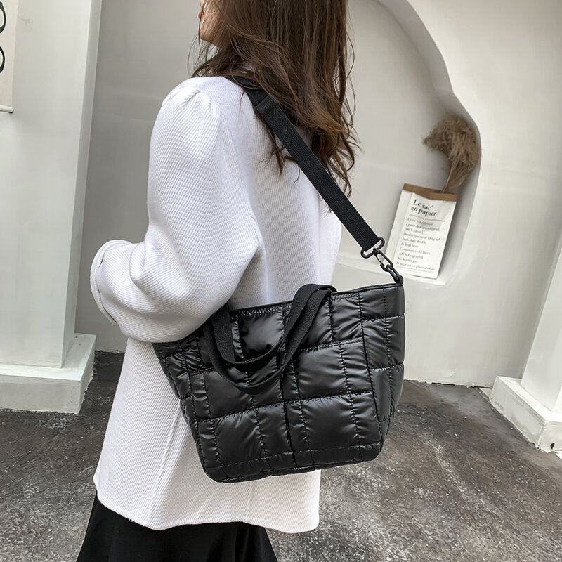 Women Top-Handle Bag Women Solid Color Quilted Lattice Shoulder Bag Nylon Fashion Ladies Handbag for Shopping Traveling