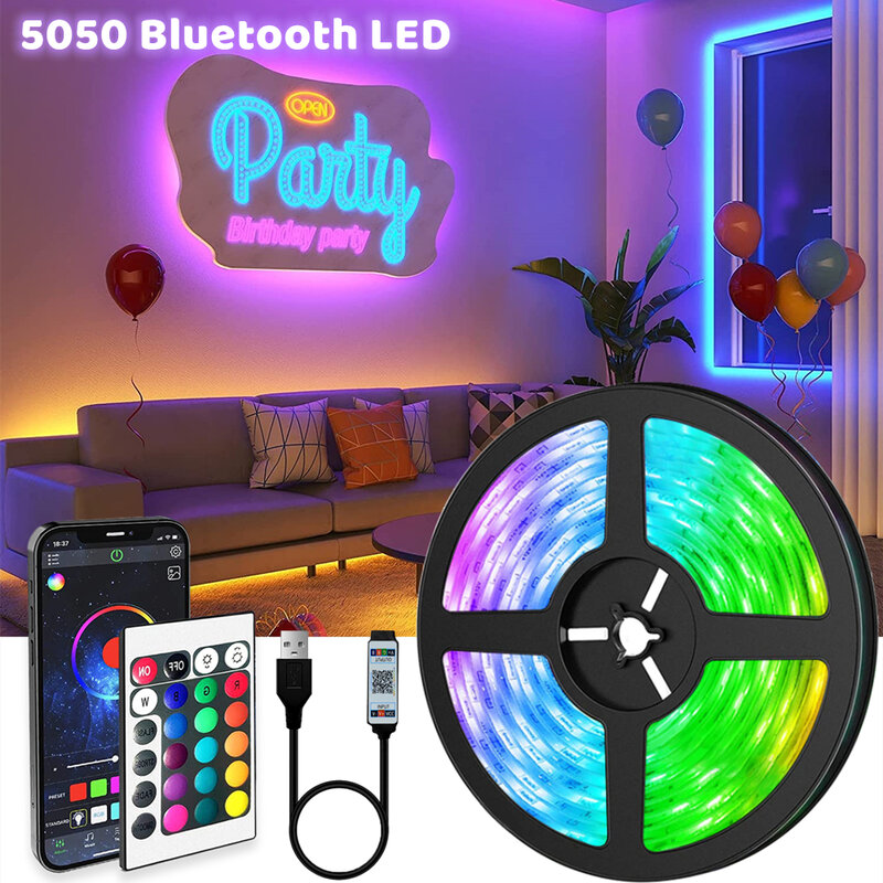 Tira de luces Led RGB 5050, iluminación Flexible con Bluetooth, modelo, control remoto IR, decoración de sala de estar, lámpara luminosa DC5V