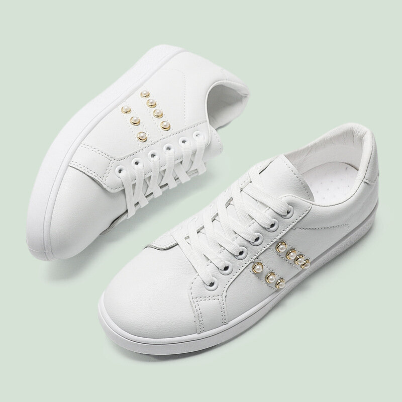 Women Casual Sneakers Pearl Design White Shoes Lace-up  Comfortable Round Head Breathable Low Cut Street Flat Woman Shoes