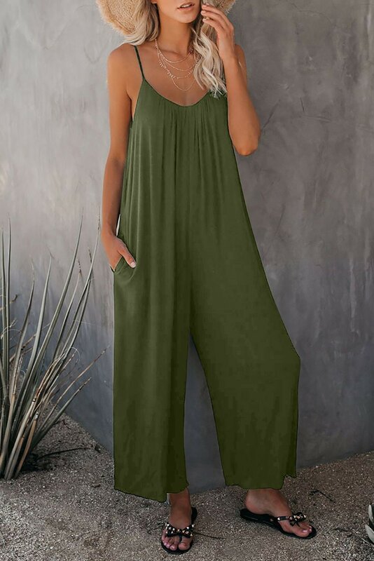 Summer New Women's Casual Comfort Solid Color V-Neck Pocket Sleeveless Loose Waist Long Wide Leg Pants Strap Jumpsuit