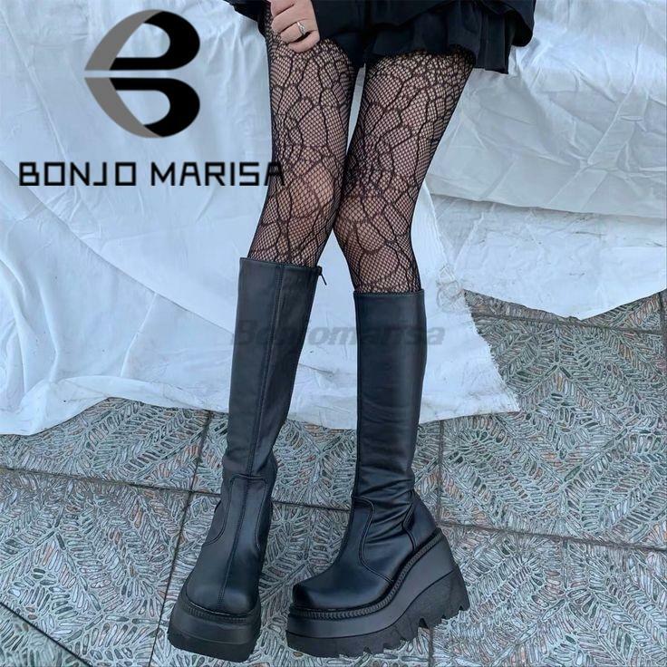 BONJOMARISA 여성용 플랫폼 부츠, 청키 힐 웨지, 미드 카프 부츠, 두꺼운 바닥, 겨울 신발, 캐주얼 브랜드, 패션