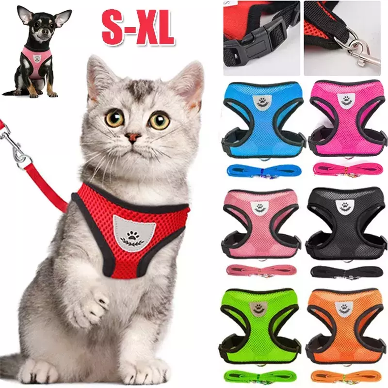 2022New Cat Dog Harness with Lead Leash Adjustable Vest Polyester Mesh Breathable Harnesses Reflective sti for Small Dog Cat acc