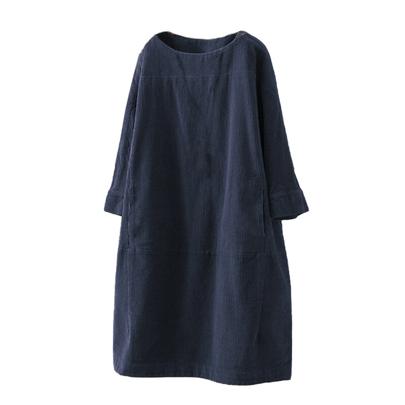 ZANZEA-Vestido de pana de manga larga para mujer, de Color liso prenda de vestir, informal, holgada, larga hasta la rodilla, Vintage, otoño