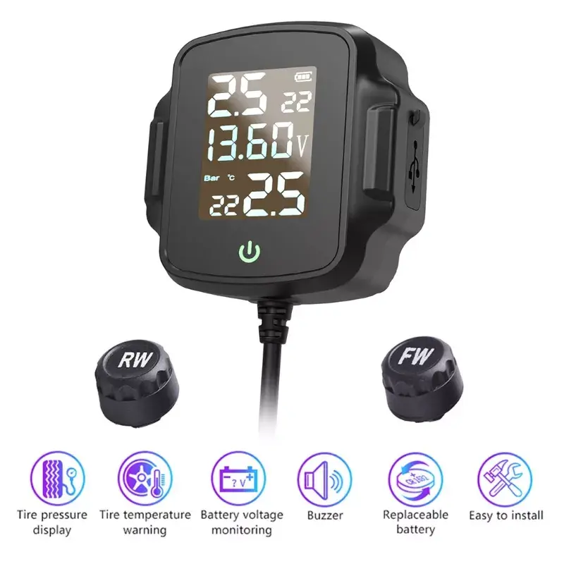 Sistema de alarma de monitoreo de presión de neumáticos de temperatura en tiempo Real para motocicleta con Monitor de extensión de interfaz USB.