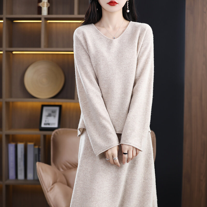 Suéter holgado de lana 100% pura para mujer, Jersey largo con cuello en V y falda de punto fino, novedad de primavera