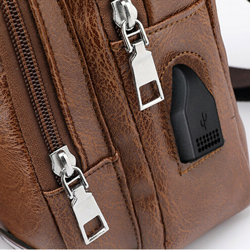 Bolsa de pecho cruzada con carga USB para hombre, bolso de hombro de PVC PU, paquete Diagonal, bandolera de viaje