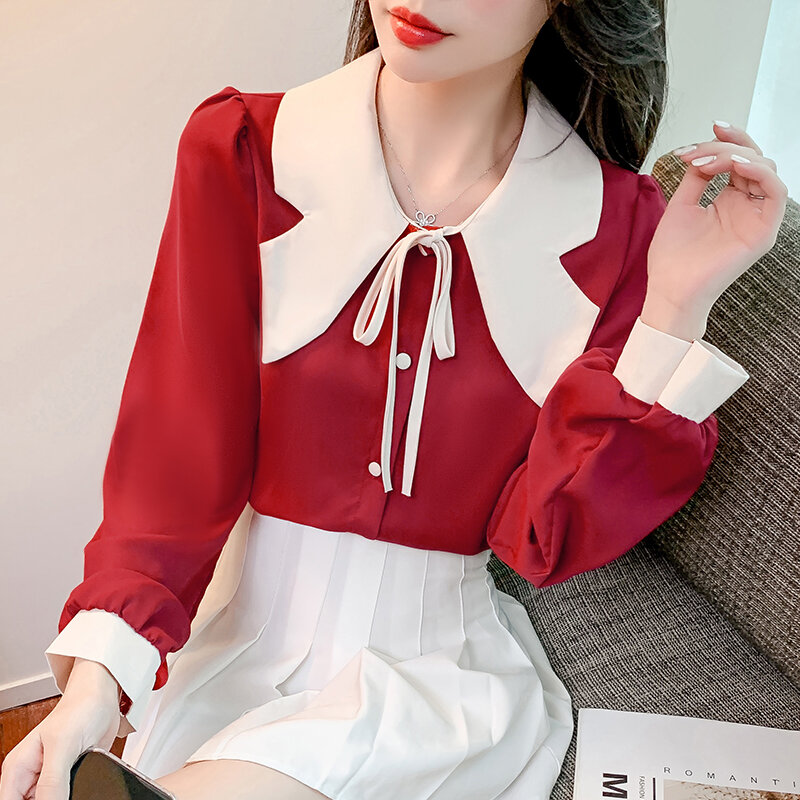 女性用の白いシャツ,韓国のファッション,長袖のシフォンボタン付きルーズブラウス,598e