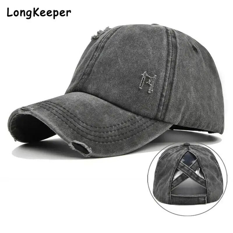 Women Washed Cotton Baseball Cap Sunscreen Distressed Ripped Criss Cross High Ponytail Adjustable Solid Color Snapback Hat