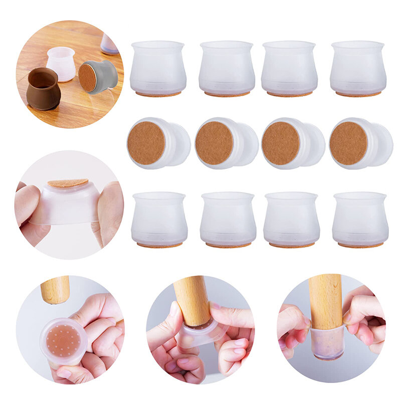 12pcs Silicone Chair Leg Covers Felt Bottom Soft Silicone Furniture Foot Protector Pads Anti-slip Table Legs Floor ProtectionMat