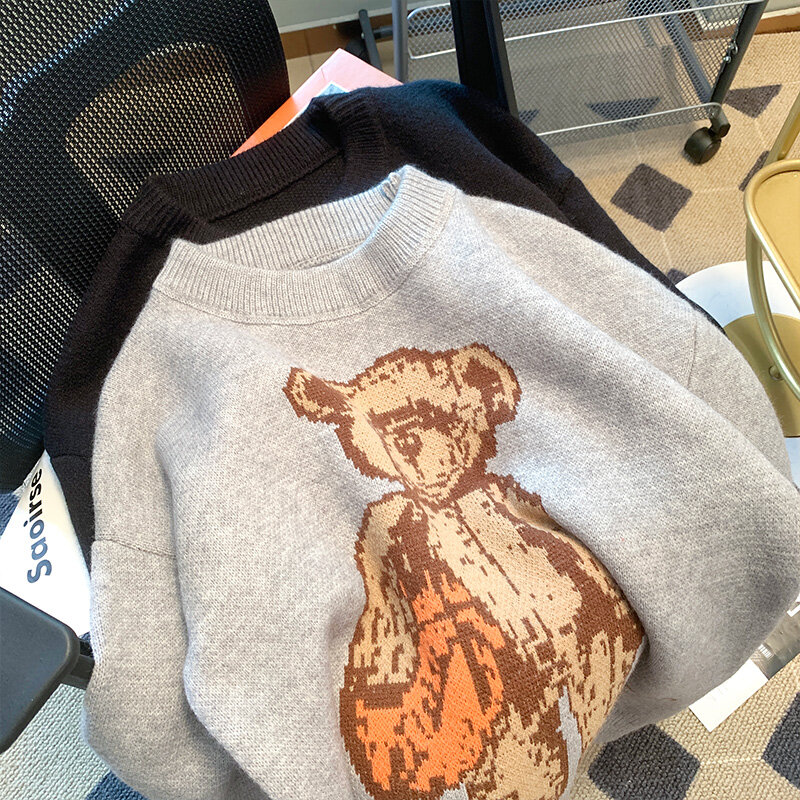 Winter Women Thicken Harajuku Cartoon Bear Jacquard Sweater Long Sleeve O-Neck Knitted Sweater Chic Casual Loose Soft Pullover