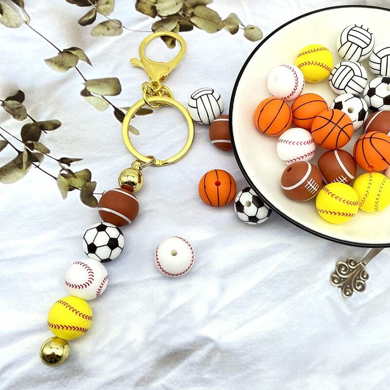 49PCS Silicone Beads DIY Sports Series Football Keychain Jewelry Making Kits 15mm Food Grade Silicone Round Beads Hand String