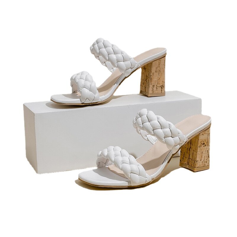 New Summer Square Head Open Toe Woven High-heeled Large Thick Heeled Sandals