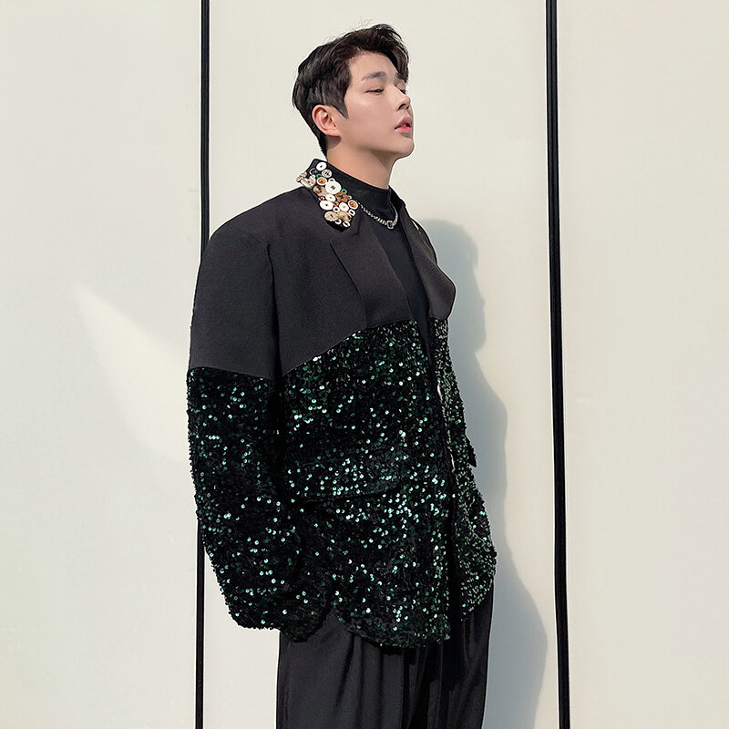 Blazer da uomo con paillettes Patchwork Designer modello di lusso cappotti da passerella giacca da uomo giovanile Streetwear abbigliamento da uomo in stile coreano autunno
