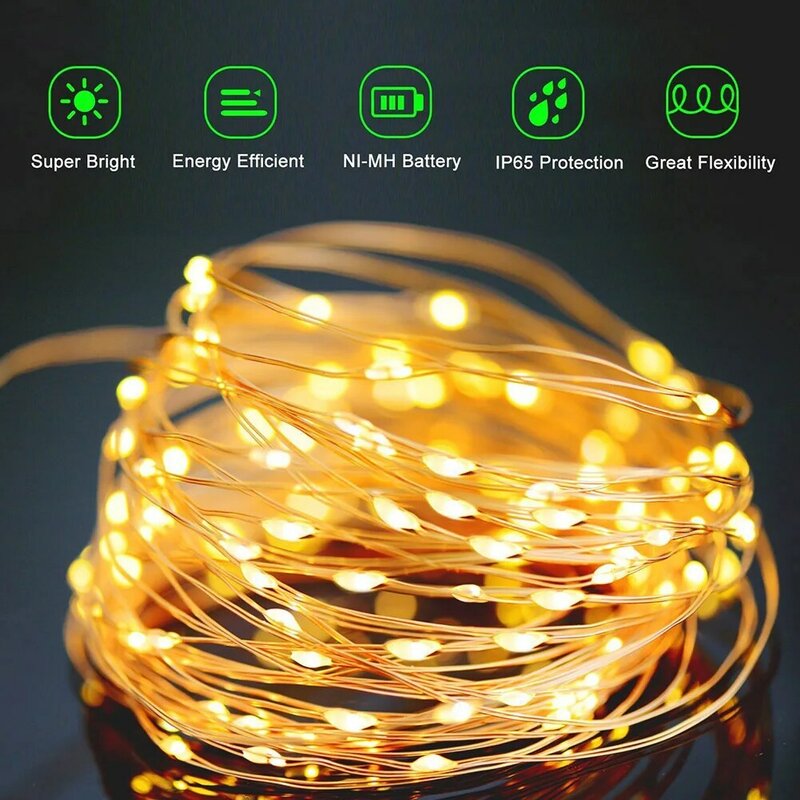Corda solar lâmpada led lâmpada de fadas à prova dwaterproof água fio cobre atmosfera ferramenta iluminação para festa natal quintal ornamentos