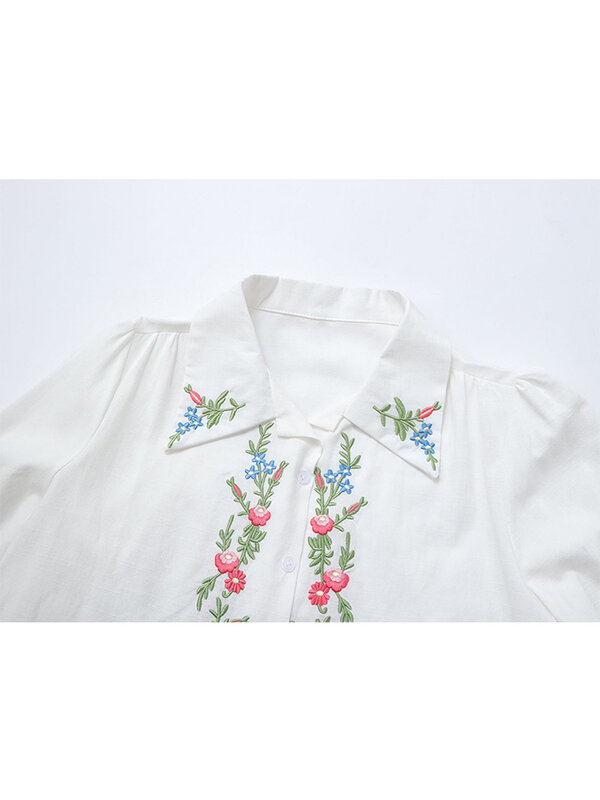Vintage biała haftowana bluzka damska moda letnia koszulka Polo z krótkim rękawem topy koszulka żeńska luźna słodki kwiatowy bluzka damska