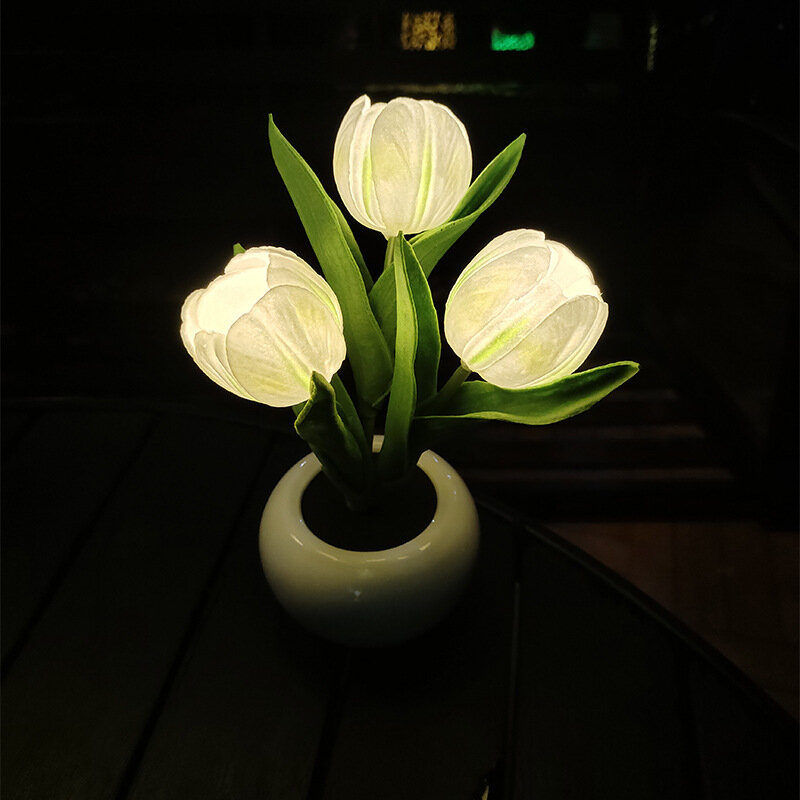 Led tulip flowerpot lâmpada simulação vaso de cerâmica atmosfera noite luz decoração ornamentos