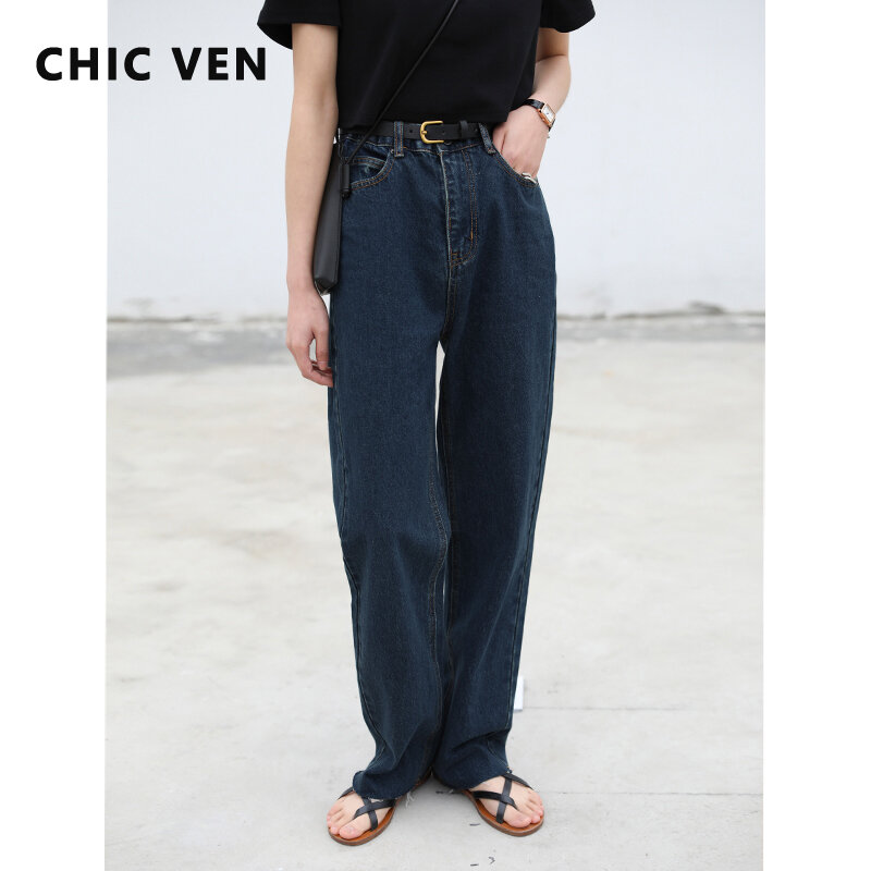 CHIC VEN Jeans da donna larghi dritti a vita alta in lana Vintage pantaloni in Denim Streetwear pantaloni larghi scuri da donna moda 2021